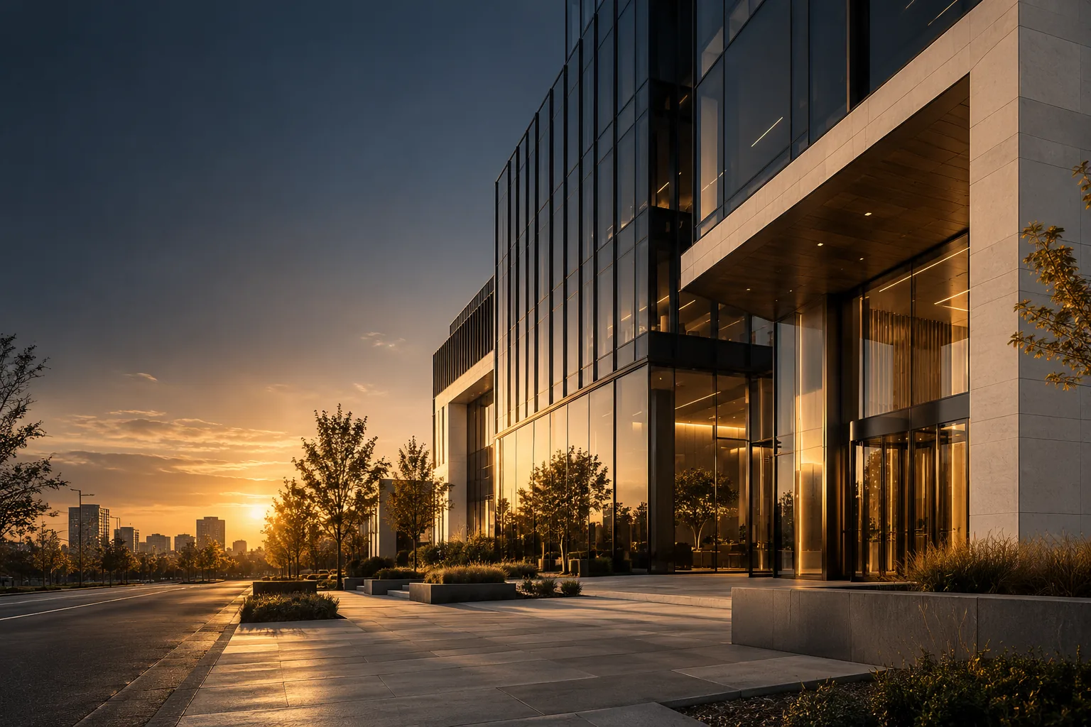 Illustrative modern office architecture at golden hour